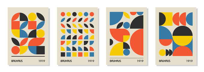 Set of 4 minimal vintage 20s geometric design posters, wall art, template, layout with primitive shapes elements. Bauhaus retro pattern background, vector abstract circle, triangle and square line art - obrazy, fototapety, plakaty