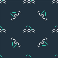 Line Shark fin in ocean wave icon isolated seamless pattern on black background. Vector