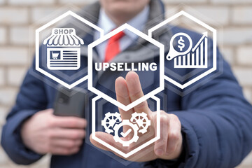 Upselling on-line (e-shop) marketing business web concept. Sales technique for more profitable sale. Up-sell shopping technology.