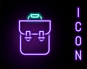 Obraz premium Glowing neon line School backpack icon isolated on black background. Colorful outline concept. Vector