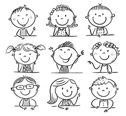 Doodle kids set - happy children heads, cartoon characters
