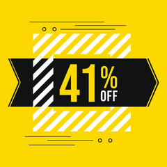 41% off sale. Discount price. Discounted special offer announcement. Black, yellow and white color conceptual banner for promotions and offers with 41 percent off.