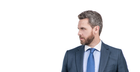 Professional man with unshaven face profile in formalwear isolated on white copy space, portrait