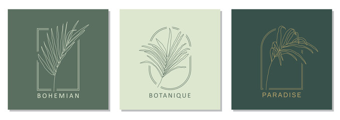 Set of trendy minimalist botanical abstract bohemian design icons