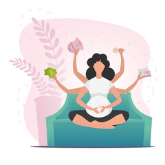 Pregnant woman in butterfly pose. The concept of motherhood and a healthy lifestyle. Cartoon style.