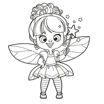 Cute cartoon little fairy with a magic wand outlined for coloring on white background