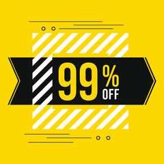99% off sale. Discount price. Discounted special offer announcement. Black, yellow and white color conceptual banner for promotions and offers with 99 percent off.