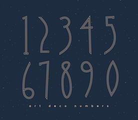 Set of art deco numbers drawing in vintage style on blue background