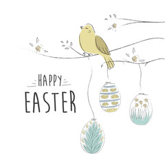 Easter greeting card. Cute rabbit bunny holding colored egg with dots and cute little yellow chicks in cracked eggs and eggshell, speech bubble with text sign Happy Easter and spring flowers. Funny