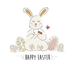 Happy easter greeting card. Handwritten easter quote and hand drawn rabbit for design card, invitation, t-shirt, book, banner, poster, scrapbook, album etc ,Easter Eggs 