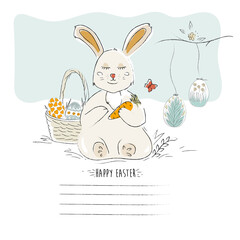 Happy easter greeting card. Handwritten easter quote and hand drawn rabbit for design card, invitation, t-shirt, book, banner, poster, scrapbook, album etc, Easter Eggs 