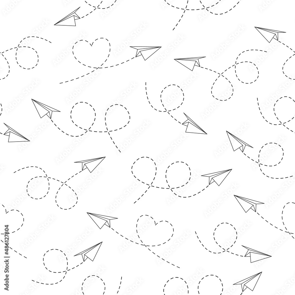 Poster seamless pattern with paper line airplanes. sending message black linear fold planes with dotted rou