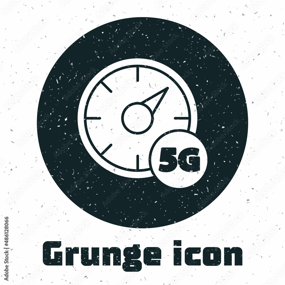 Poster grunge digital speed meter concept with 5g icon isolated on white background. global network high sp