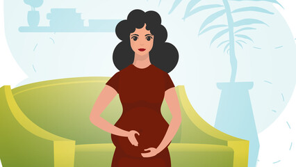 A pregnant woman holds her belly with her hands. Natural background with room. Gentle colors. Vector.