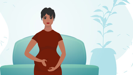 A pregnant woman holds her belly with her hands. Natural background with room. Cartoon style.