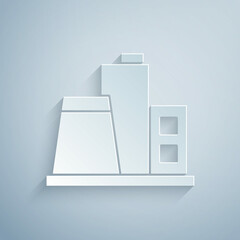 Paper cut Factory icon isolated on grey background. Industrial building. Paper art style. Vector