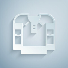 Paper cut Embroidered shirt icon isolated on grey background. National ukrainian clothing. Paper art style. Vector