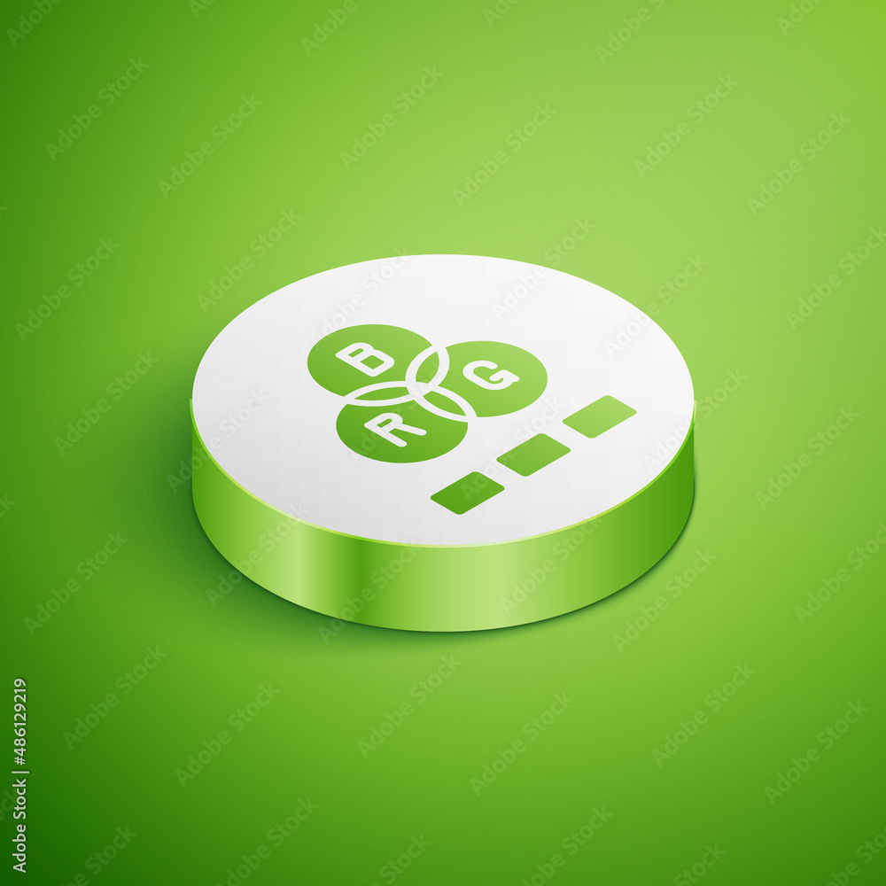 Poster isometric rgb color mixing icon isolated on green background. white circle button. vector