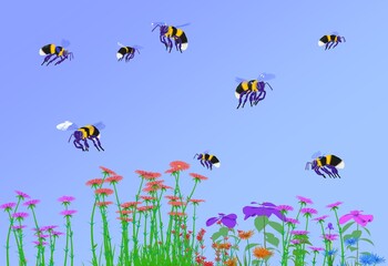 3d illustration of bees flying over flowers and plants. In flat style on sky blue background.