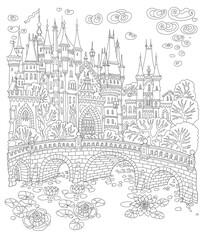 Fantasy landscape. Fairy tale medieval castle, stone bridge, lake, water lily flowers. Coloring book page for adults and children. Black and White doodle sketch