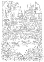 Fantasy landscape. Fairy tale medieval castle, stone bridge, lake, water plant, lotus and iris flower. Coloring book page for adults and children. Black and White doodle sketch