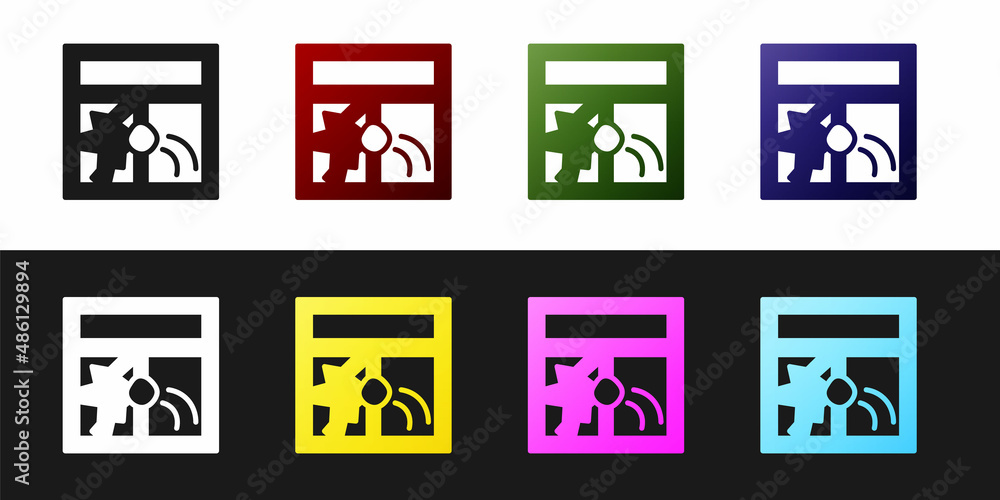 Poster set broken window icon isolated on black and white background. damaged window. beaten windowpane con