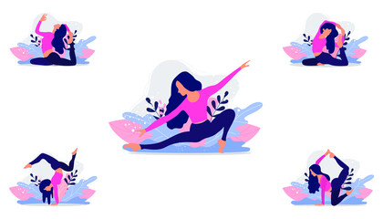 Set of flexible cartoon character young woman doing yoga, pilates or fitness training. Healthy lifestyle.demonstrating various yoga positions isolated on white background - vector