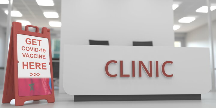 COVID-19 vaccination centre signboard with flag of Morocco. 3D rendering