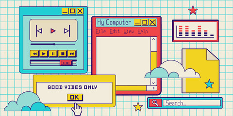Old desktop background with copy space frame for quote or text. Old computer folders, fun cartoon apps, window boxes and retro character elements.