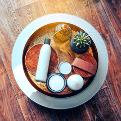 Fototapeta na wymiar Spa still life with cosmetic and spa products on a copper tray. Background with copy space. Square composition.