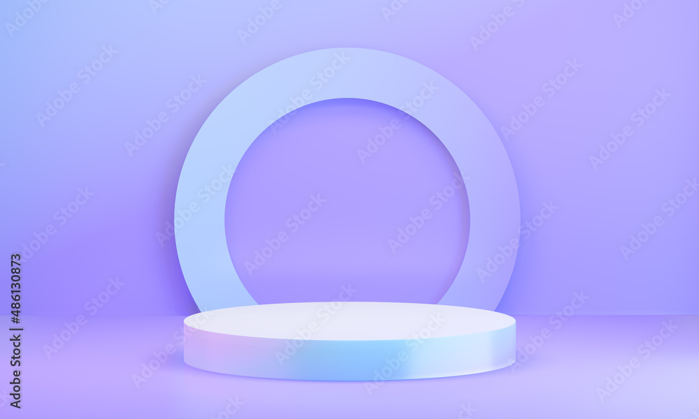 Poster hologram color podium cylinder display background with circle clean wall in purple theme. 3d illustr