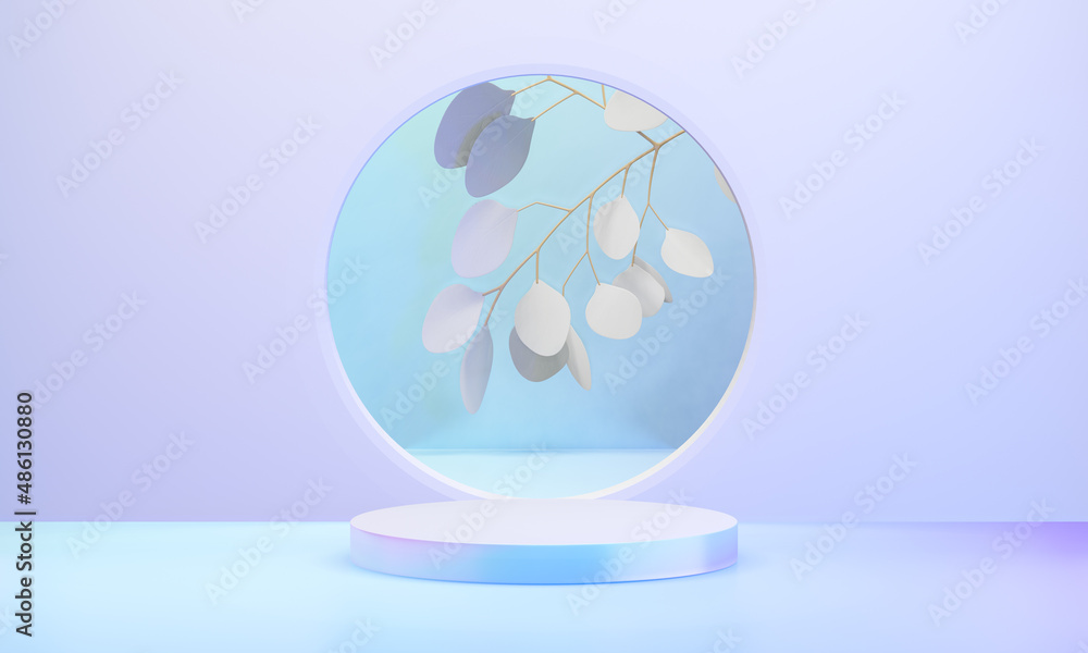 Poster hologram color podium cylinder display background with circle clean wall and leaf. 3d illustration r