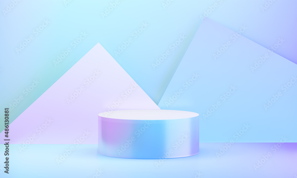 Poster hologram color podium cylinder display background with square clean wall. 3d illustration rendering.