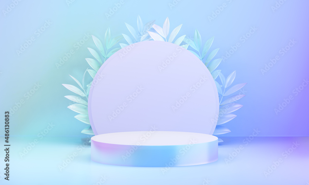 Poster hologram color podium cylinder display background with circle clean wall and leaf. 3d illustration r