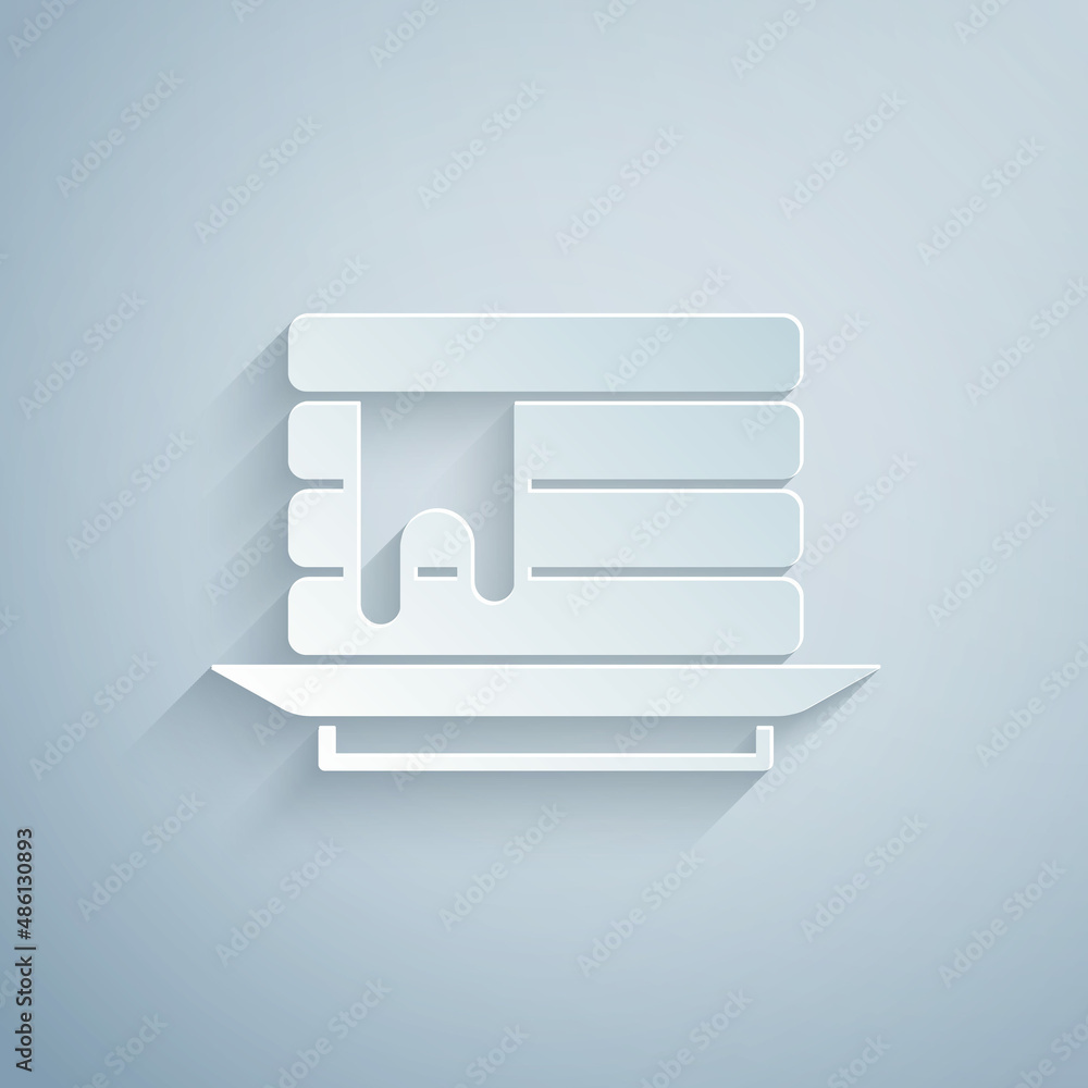 Poster paper cut stack of pancakes with honey icon isolated on grey background. breakfast concept. paper ar