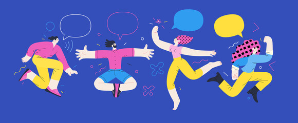 Happiness - happy young man and woman jumping in the air cheerfully. Modern flat vector concept illustration of a happy jumping and dancing person. Feeling and emotion concept.