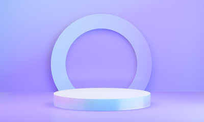 Hologram color podium cylinder display background with circle clean wall in purple theme. 3D illustration rendering.