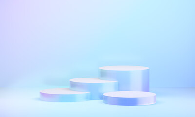 Four Hologram color podium cylinder display background with clean wall. 3D illustration rendering.