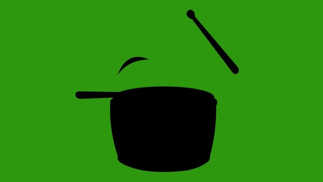 Loop animation of the black silhouette of sticks playing drums, on a green chroma key background