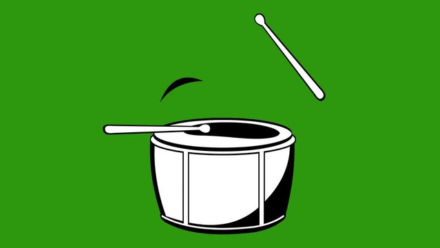 Loop animation of sticks hitting drum, drawn in black and white. On a green chroma key background