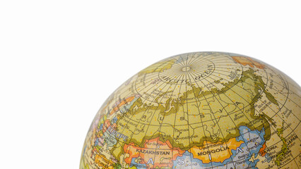 Russia on a globe map. Isolated on a white background. Close up, fragment of globe political map, copy space. Education or political geography concept