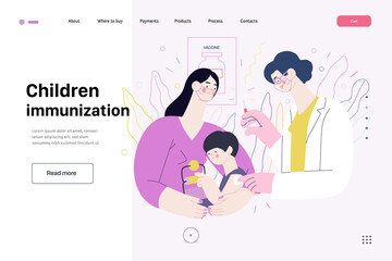 Childhood immunization, vaccination - medical insurance -modern flat vector concept, web template. Pediatrician vaccinating a toddler sitting on his mothers knees, medical office or laboratory