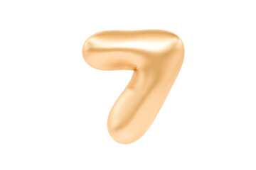 Golden metellic number 7 font made of realistic 3D helium balloon, Premium 3d illustration.