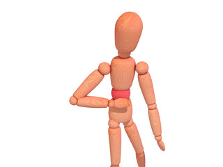 3d illustration of wooden mannequin with pain in the belly. Cropped image on white background.