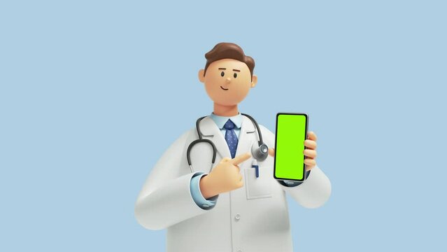 3d animation. Human doctor cartoon character with stethoscope, holds smart phone with blank green screen, isolated on blue background