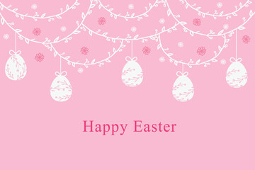Pink easter background with hanging eggs decoration.