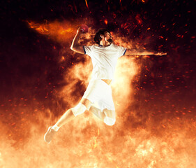 Handball player players on flames background