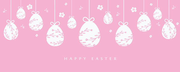Easter banner with hanging eggs decoration on pastel pink background.