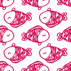 fish pink pattern. seamless pattern of round thick FISH with pink outline on white for a design template. a simple children's textile drawing of a sea fish swimming in different horizontal directions