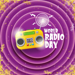 World radio day concept vector illustration with vintage old orange cassette stereo player isolated on grunge violet background. Radio day banner or poster